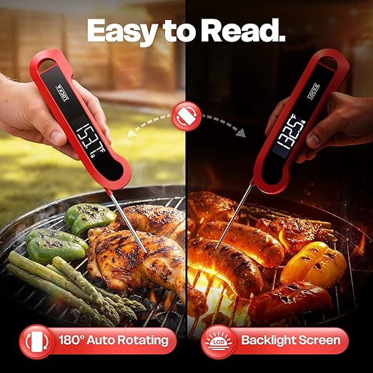 0.3 Sec Instant Read Meat Thermometer Digital for Cooking, Red | ±0.5℉ Precision, Food Thermometer for Grilling, Air Fryer, Smoker, BBQ Essentials, Kitchen Gadgets, Gift for Dad Him