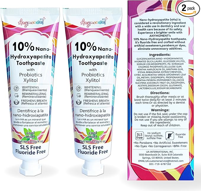 Anymoment 10% Nano Hydroxyapatite Toothpaste (Fluoride Free), Whitening*, Supports Enamel Care*, Appropriate for Sensitive Teeth*, SLS Free, Xylitol nHA Toothpaste for Adults, Mint 4oz (Pack of 2)