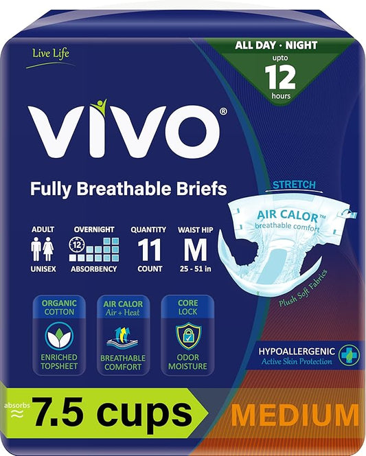 VIVO Organic Cotton Overnight Sensitive Skin Adult Incontinence Diaper Briefs with Tabs, Medium 11 Count