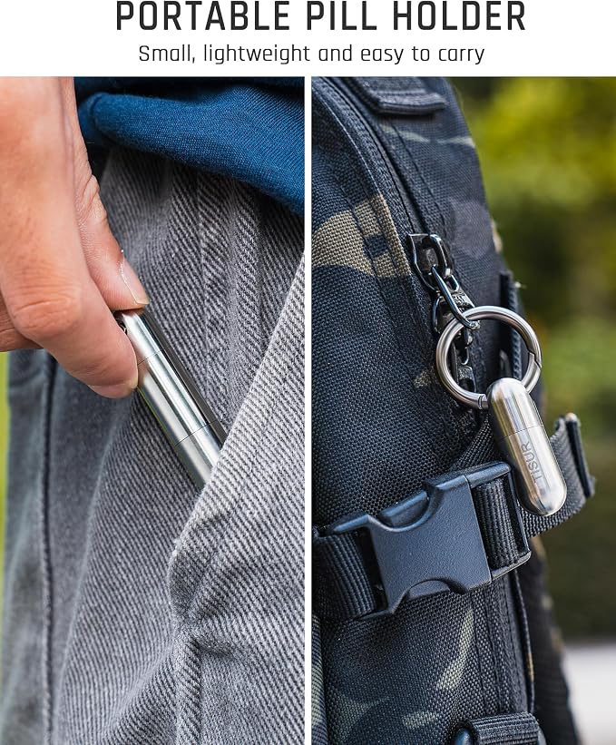 TISUR Small Titanium Keychain Pill Holder, Pocket Pill Case for Travel | Waterproof Pill Fob,Portable Pill Box Container,Purse Pill Organizer Tube