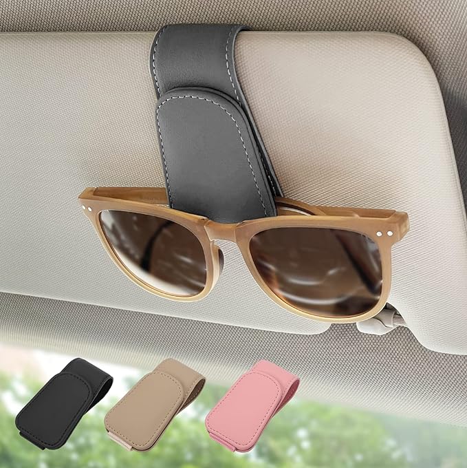 Magnetic Leather Sunglass Holder, Eyeglass Hanger Clip for Car Sun Visor, Suitable for Different Size Eyeglasses(Gray, 1 Pack)