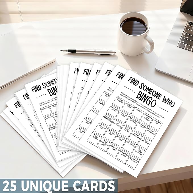 Team Building Games for Work Adults – Find Someone Who Bingo Game, 25 Unique Human Bingo Cards 5x7 Inch, Ice Breaker & Office Games for Parties, Meetings & Events - A01