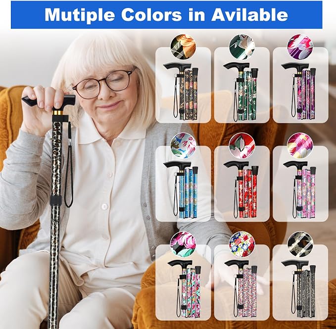 MFE Folding Cane, Portable 5-Level Adjustable Height Walking Stick with Foldable Design, Wrist Strap, and T Handle for Men and Women