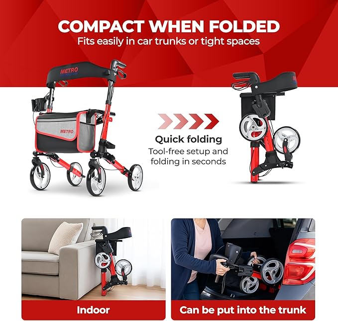 Metro Mobility Rollator Walker with Seat for Seniors, Foldable Lightweight Rolling Walker, 8" Big Wheels for All Terrain, 300 lb. Weight Capacity, Red