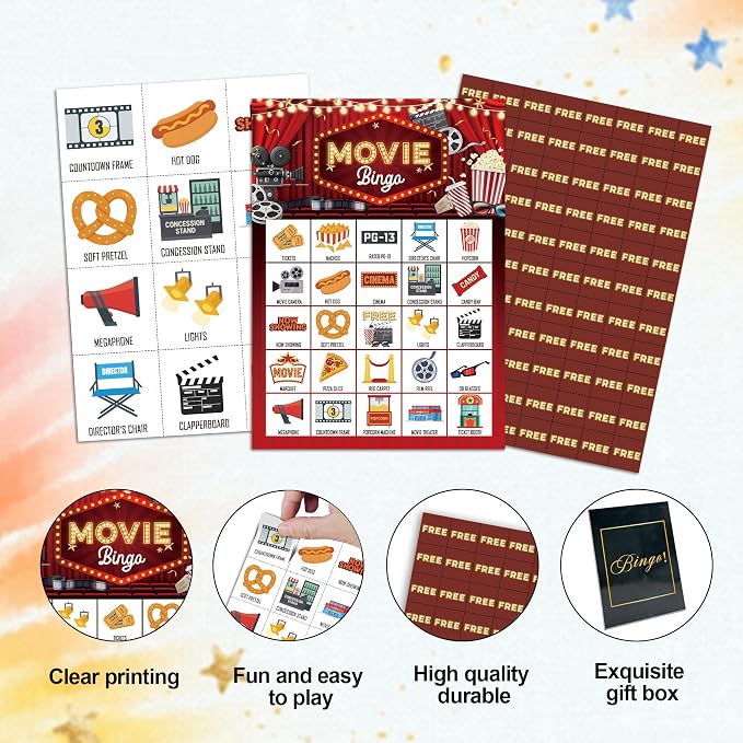 Movie Bingo Game Cards, Cinema Bingo Set for Adults Large Group, Retro Themed Fun Games, Movie Night Party Activities, Icebreaker Games for Family Friends -21