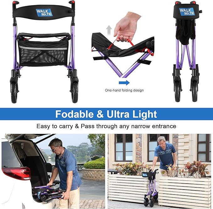 WALK MATE Rollator Walker for Seniors with Cup Holder, Upgraded Thumb Press Button for Height Adjustment, 4 x 8 Wheels Walker with Seat Padded Backrest Folding Lightweight Walking Aid, Purple