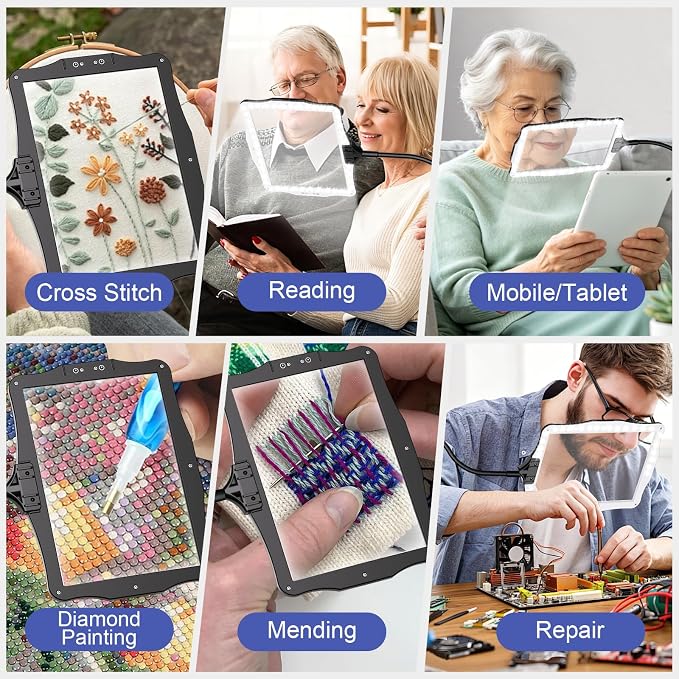 Hands Free Floor Magnifying Glass, with Light and Stand, 48-LEDs Rechargeable Floor Magnifying, Suitable for Reading, Sewing, Crafts, DIY, Embroidery, Close Work. Magnifiers for Seniors