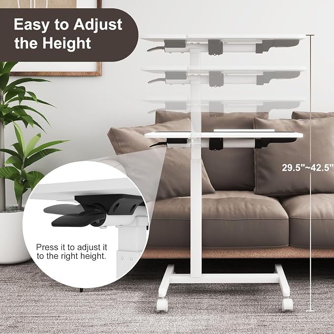 PUNCIA 28" Overbed Table with Split Tilting Desktop,Pneumatic C Table,White | Mobile Laptop Desk for Bedside, Height Adjustable End Table with Wheels, Computer Cart for Home Sofa Office & Hospital Use