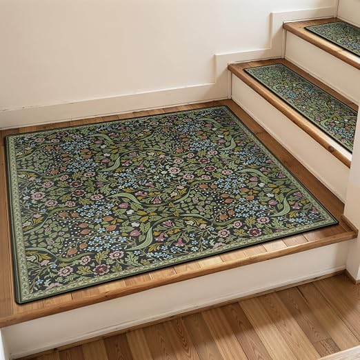 OJIA Stair Treads Landing Mat Non-Slip Stair Runners for Wooden Steps | 31"x31" Floral Carpet Stair Treads Matching Rug Stair Mats Staircase Step Treads for Kids, Elders, Dogs, Stair Covers, Green