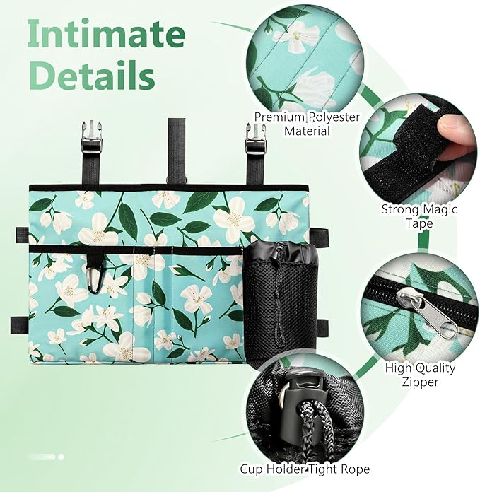 Rhino Valley Walker Bag, Multi Pockets Folding Walker Basket Tote Bag with Cup Holder, Hand-free Carry Pouch Storage Bag for Universal Walkers, Large Capacity Organizer for Seniors Elderly, Flower