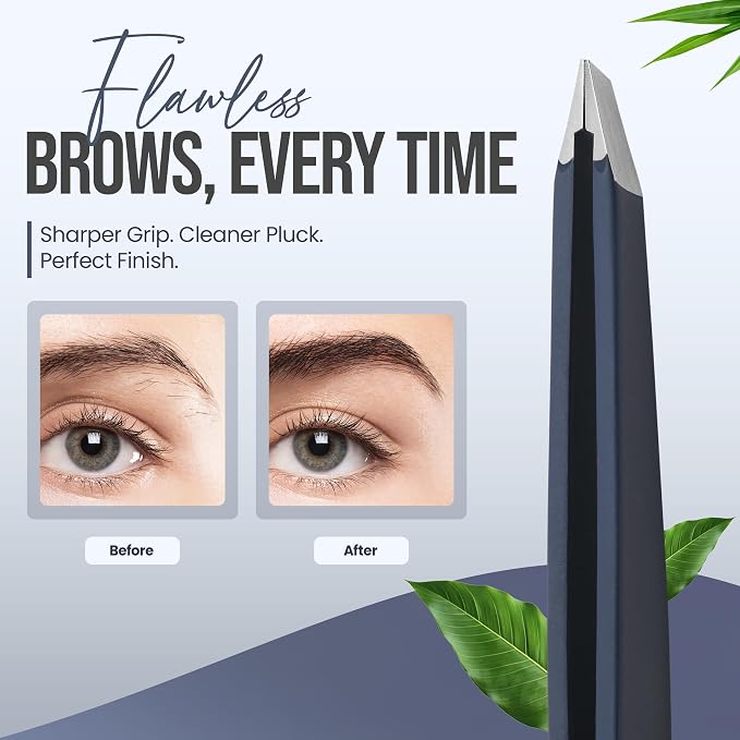Professional Slant Tip Tweezers - Precision Stainless Steel Eyebrow Plucking Tool for Women and Men, Ingrown Hair Remover, Facial Hair Tweezers for Grooming (Velvet Navy)