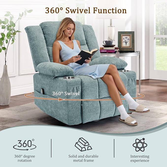 Korser Adult 360° Swivel Rocking Recliner, Nursery Rocking Chair with Massage and Heating Function, Cup Holder, Manually Adjustable Seat for Living Room and Bedroom (Fabric, Lake Blue)