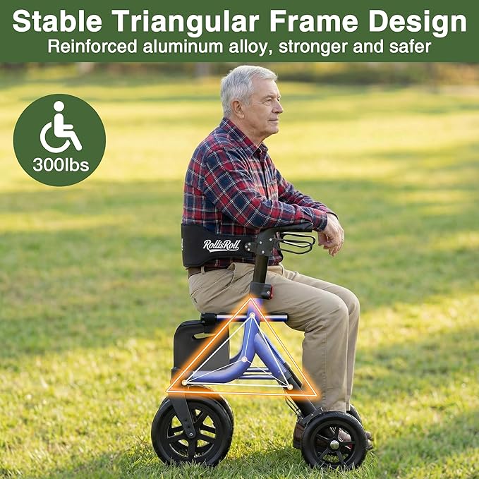 Walkers for Seniors, Rollator Walker with Seat, 12" Big Rubber Wheels All Terrain Rolling Walker with Backrest, Foldable Rollator Walker, Reinforced Aluminum Frame, Built-in Cable, Blue