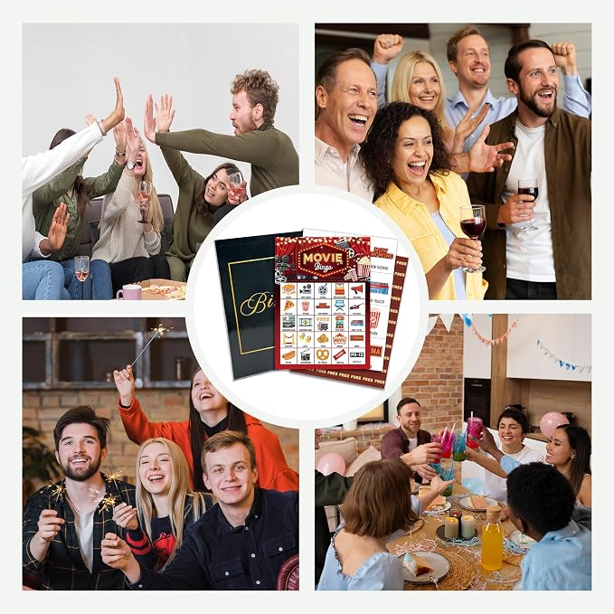 Movie Bingo Game Cards, Cinema Bingo Set for Adults Large Group, Retro Themed Fun Games, Movie Night Party Activities, Icebreaker Games for Family Friends -21