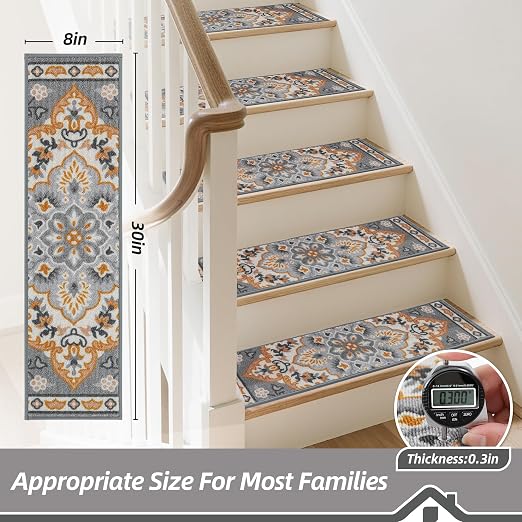 BEQHAUSE Stair Treads for Wooden Steps, 8"X30", 4pcs, Grey/Orange | Non-Slip Machine Washable Carpet Stair Treads, TPE Backing, 100% Polyester, Soft Indoor Stair Runner for Kids Elders and Pets