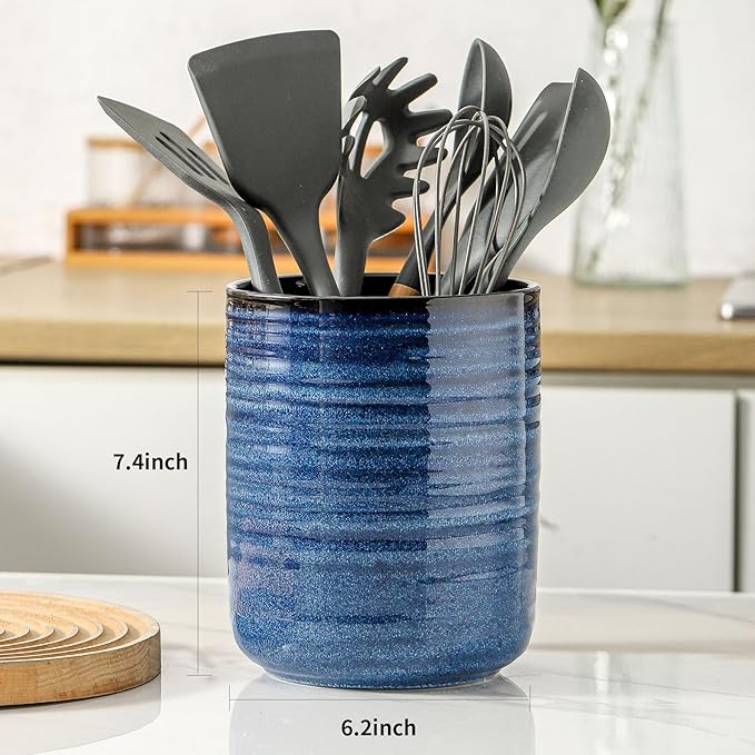 HASENSE Kitchen Utensil Holder, 7.4" x 6.2" Ceramic Utensil Holder for Countertop, Stable Cooking Utensil Organizer Crock for Spatula, Modern Kitchen Decor for Christmas, Blue