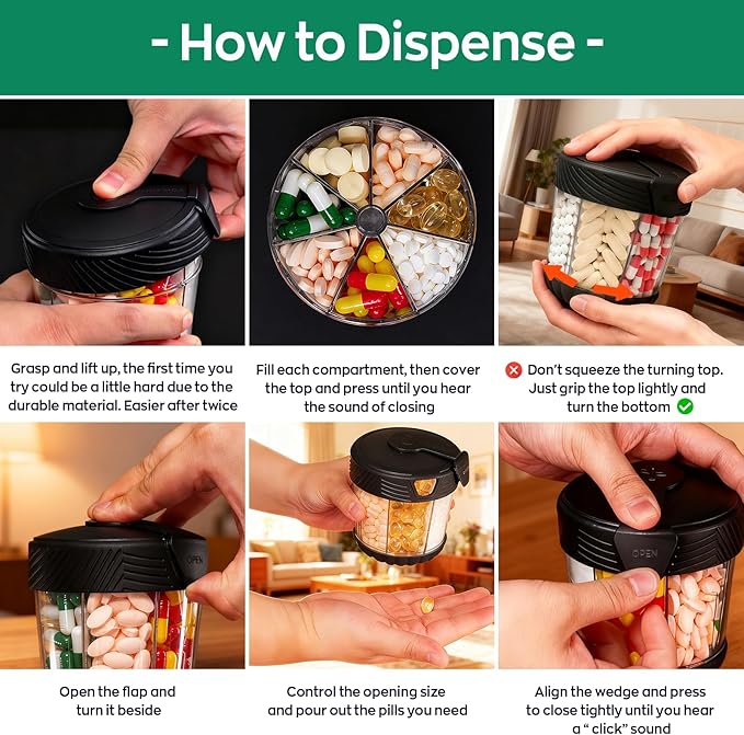 Large Pill Dispenser with 7 Compartments, Portable Pill Bottle Organizer for Travel, Anti-Mix Supplement Organizer Easy Twist Wide-Opening, BPA-Free Pill Box Container with 20Pcs Labels,Black