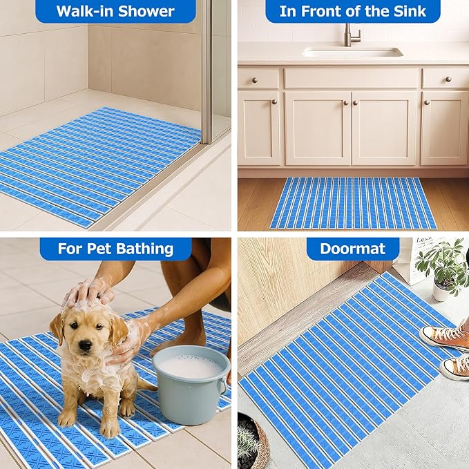 Non Slip Rubber Bathtub & Shower Mat - Fast Drain & Upright Drying Design, Strong Suction Cups, Structured Textured Surface, Low-Maintenance Bathroom Safety Mat, 27 x 16 Inch, Navy Blue, Matace