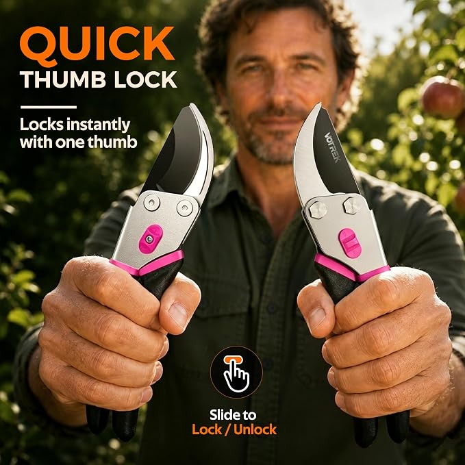 VOTREK® Bypass Pruning Shears, 8.5" Jam-Proof Spring Clippers for branches | Sharp & Anti-Rust SK5 Blade, Ergonomic Non-Slip Grip for Weak Hands, Garden Pruner for Heavy Duty Tree Trimming, Rose, Bonsai