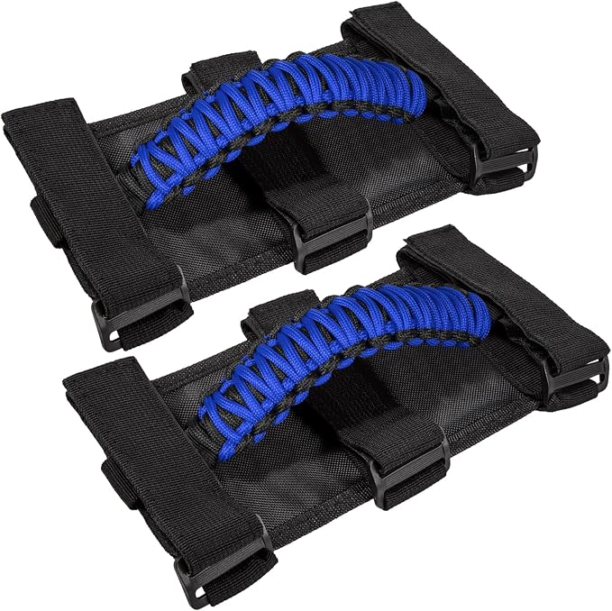 E-cowlboy Roll Bar Grab Handles Grip Handle for Jeep Wrangler JK JKU JL JLU TJ YJ Sports Sahara Freedom Rubicon Unlimited Gladiator JT 1955-2023 UTV ATV Accessories Premium 550 Paracord (Blue 2 Pack)