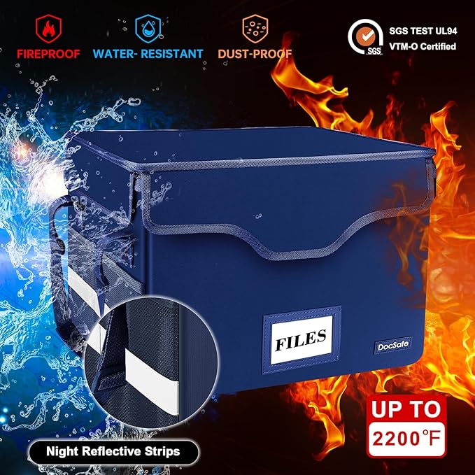 DocSafe Fireproof Document Box with Lock, File Storage Organizer with Mesh Pockets, Collapsible Portable File Box Home Office Safe Filing Cabinet with Handle for Hanging Letter/Legal Folder, Blue