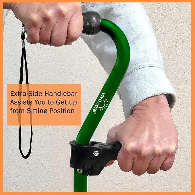 VIVA CARE Walking Cane with 4 Prongs and Extra Side Handle – Adjustable, for Balance & Stability for Adults, Seniors, and Injured.