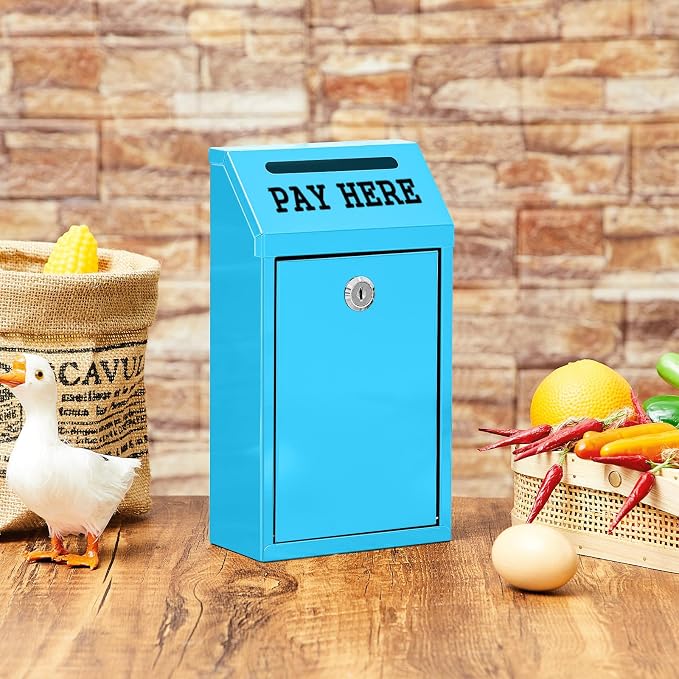 Yaocom Safe Metal Cash Box for Farm Stand – Money Drop and Secure Donation Collection, Wall Mount Lockable Unit with Pre Drilled Holes for Outdoor Self Serve(Light Blue,10.2 x 5.7 x 2.8 Inch)