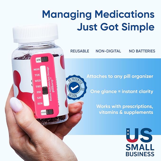 PillSavvy™ Daily Pill Tracker – Non-Digital, Reusable Medication Reminder for Bottles & Organizers – Easy to Use, Curved Back – Track Prescriptions, Vitamins, Supplements & Pet Meds (Pink, 5 Pack)