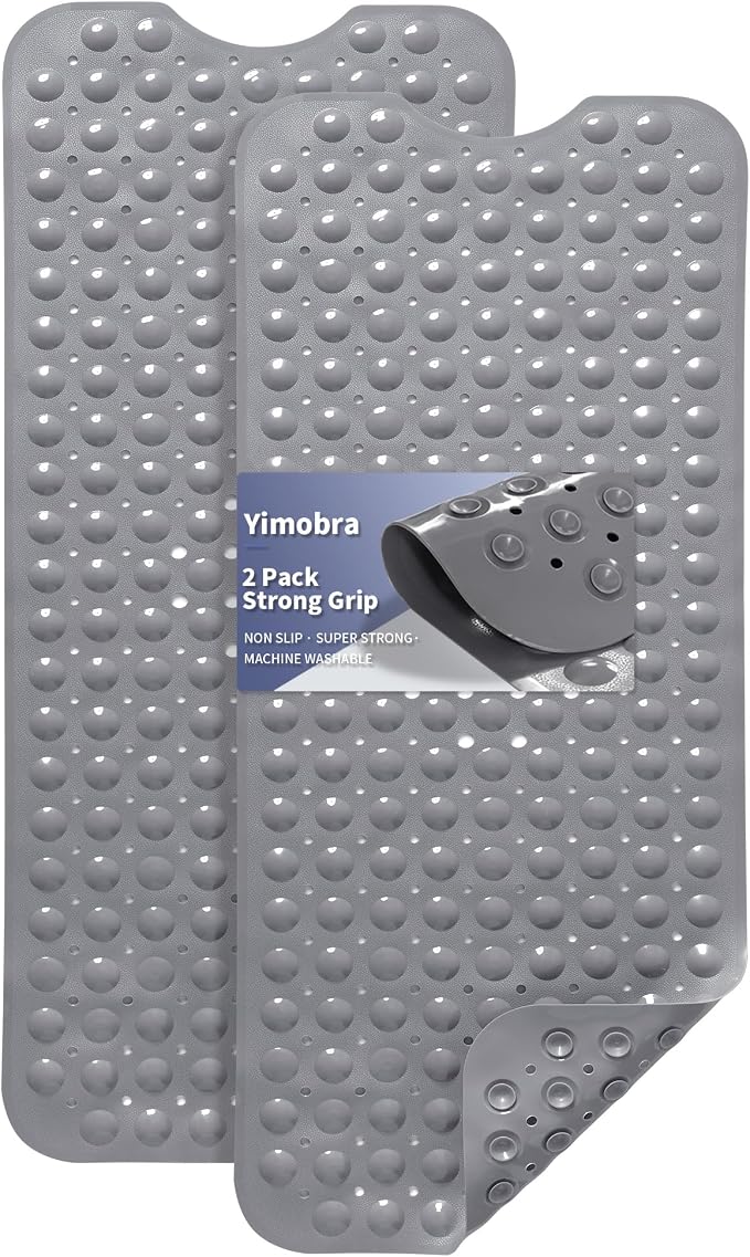 Yimobra 2-Pack Non Slip Bathtub Mat 40 x 16 Inch, Extra Long Shower Mat with Drain Holes, Machine Washable Baby Bath Mats, Strong Suction Cups for Bathroom Floor, Grey