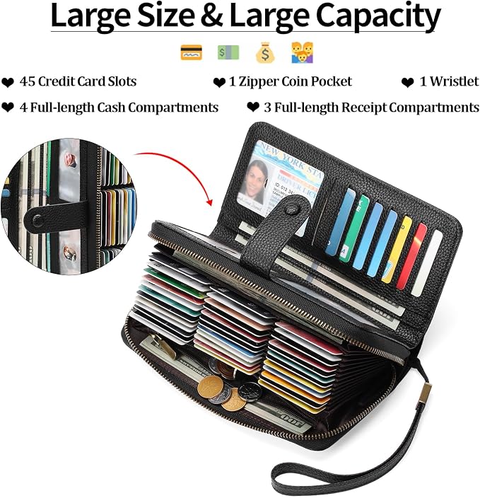 GAEKEAO Leather Credit Card Holder Wallet for Women RFID Blocking Large Capacity Bifold Zipper Card Case Organizer with Wristlet 45 Slots