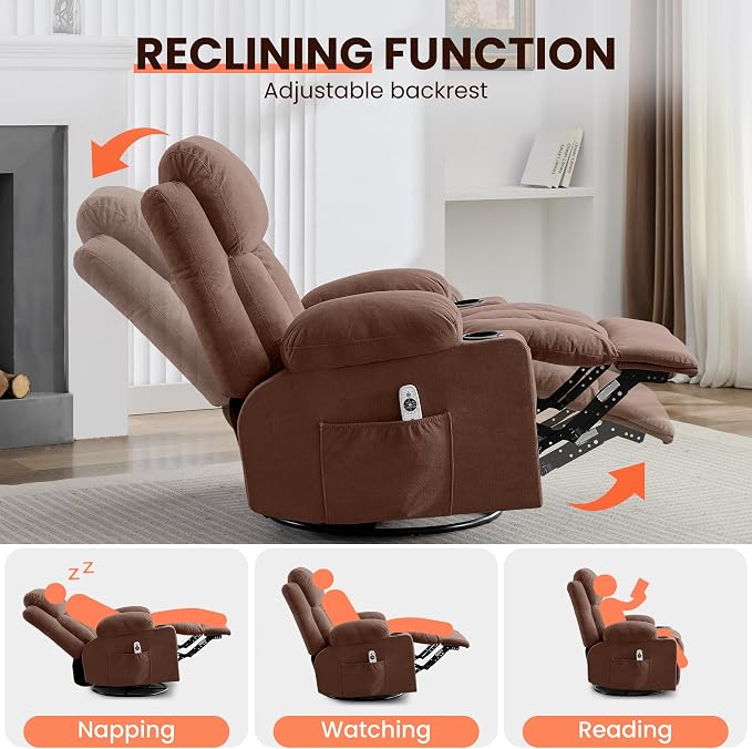 MAHOMICO Swivel Rocker Recliner Chair with Vibration Massage and Heat for Living Room,with Rocking Function and Side Pocket, USB Charge Port,2 Cup Holders