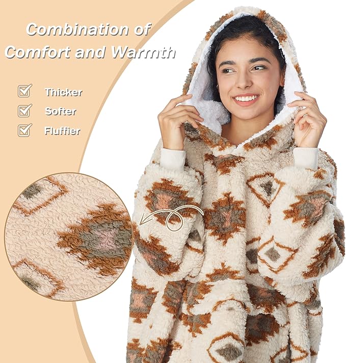 Catalonia Oversized Blanket Hoodie Sweatshirt, Wearable Sherpa Lounging Pullover for Adults Women Men