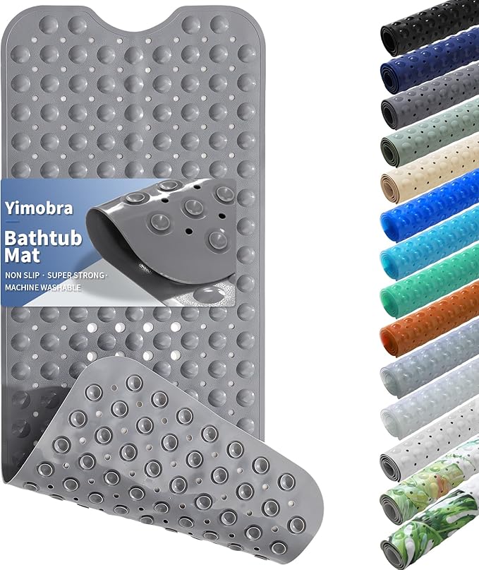 Yimobra Non Slip Bathtub Mat 40 x 16 Inch, Extra Long Shower Mat with Drain Holes, Machine Washable Baby Bath Mats, Strong Suction Cups for Bathroom Floor, Grey