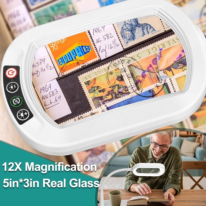 IVMAIE 12X Magnifying Glass with Light and Stand Magnifier with Light Hands Free Lighted Magnifying Desk Lamp Dimmable for Close Work Craft Read Cross Stitch Sewing Repair Hobby Rectangular White