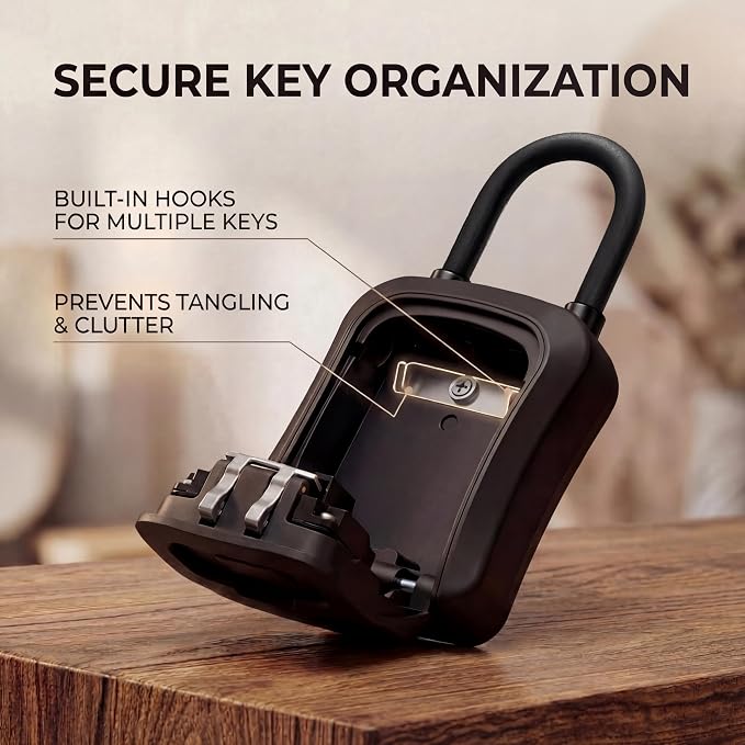 Iron Lock® Medium Key Lock Box with Code, U-Shackle Opens Fully Out (Black) | Built-in key hooks + catch tray; hangs on handles, gates, fences or a hasp; wall-mountable; dial cover; no batteries