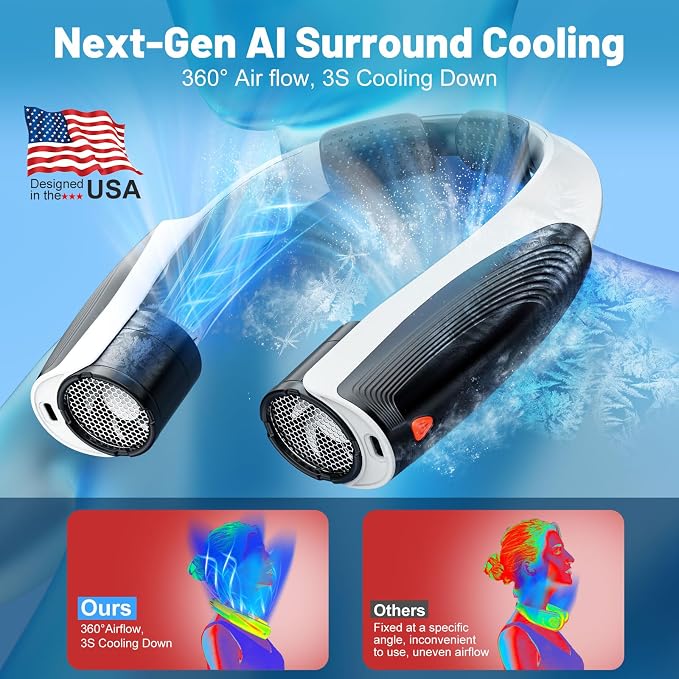 Portable Neck Fan with 6 Powerful Speeds, 8000mAh Battery Rechargeable Fan | 20H Runtime, Hands-Free 360° Cooling Personal Wearable Neck Fan, Gift for Women Men Travel Concerts(Black-White)
