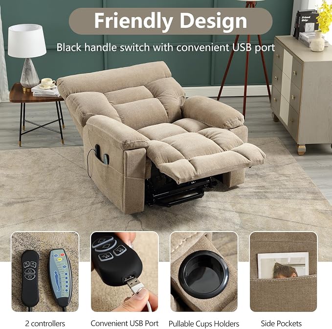 Dual Motor Power Lift Recliner Chair for Elderly, 27" Extra-Wide Seat 450 lbs Weight Capacity Infinite Position Adjustment, with Heated Massage, Cup Holders and USB Port, Camel Fabric