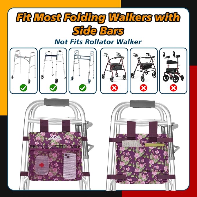 supregear Walker Side Bag, Water Resistant Accessory Basket Pouch for Folding Walkers, Lightweight Hand Free Storage Carrier Tote, Universal Size Seniors Caddy Attachment, Floral Purple
