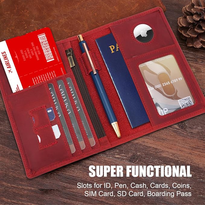STAR VISTA Phoenix Leather Passport Holder, Full Grain Leather Travel Wallet - Slim, Bifold, RFID Blocking, ID Window, Coin Pocket, Card Slots, SIM Slots, AirTag Holder, Red
