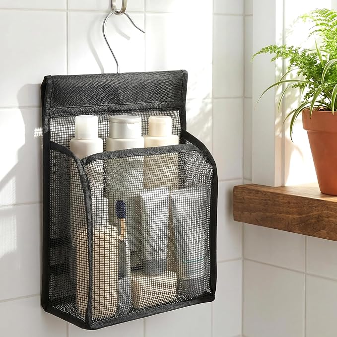 Mesh Shower Caddy Hanging, Black Organizer Bathroom Storage Bag with Hooks, Transparent Rotating Hanging Mesh Bath Baskets for College Dorm, Gym, Swimming, RV Travel, Elderly