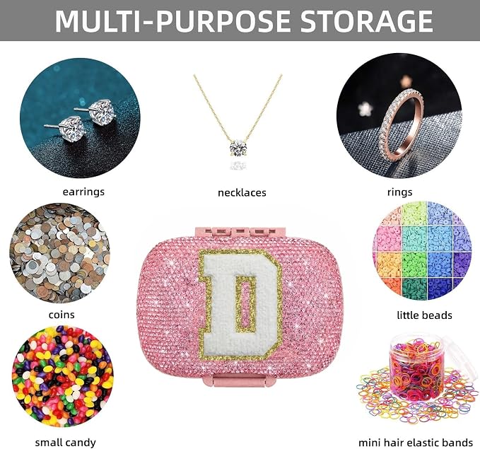 Cute Pill Organizer Small Bling Pill Case for Purse Medicine Vitamin Container Holder Daily Pill Box Container for Women Travel Medicine Kit(Letter D Pink)