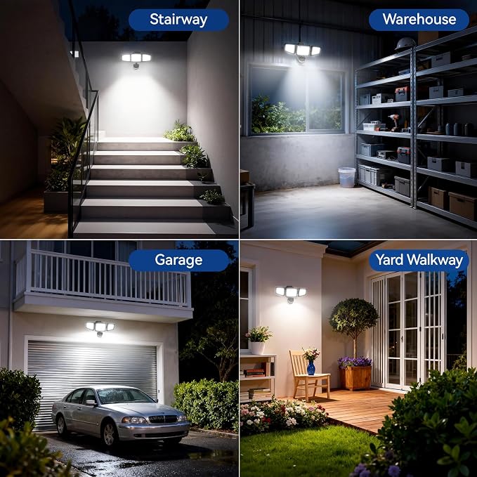 LED Security Lights Motion Sensor Light Outdoor, 7000LM, 6500K, Waterproof, Flood Light Outdoor Motion Detector with Adjustable 3 Head, Hardwired Wall Light for Entryway, Yard, Garage (2)