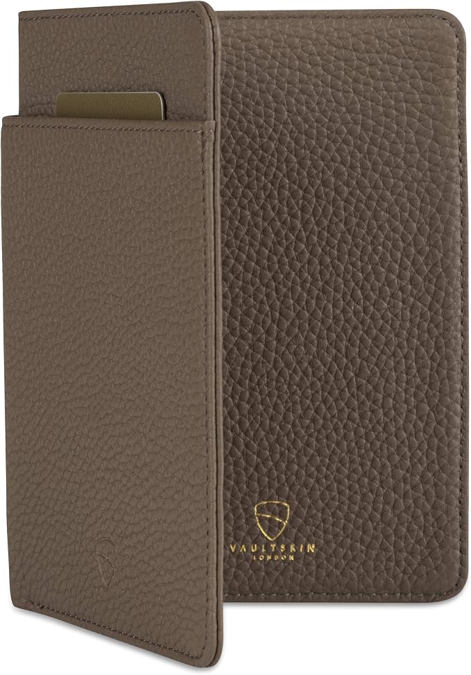 Vaultskin KENSINGTON Passport Holder for Travel, RFID Wallet (Matt Brown) | Slim genuine leather book cover, small case for men and women, inner sleeve, cards, cash, scan blocking protection, gift box