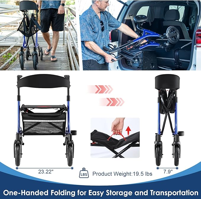 Walkers for Seniors, Rollator Walker with Seat, 10" Rubber Wheels All Terrain Rollator Walker with Backrest, Aluminum Walkers Built-in Cable, Foldable and Adjustable Height for Seniors, Blue