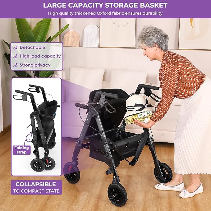 Heavy Duty Rollator Walker for Seniors with Seat, Foldable 2 in 1 Rolling Walkers Wheelchair Combo for Adult, All Terrain Wheels, Adjustable Transport Chair with Brake, 450 lb. Weight Capacity, Grey