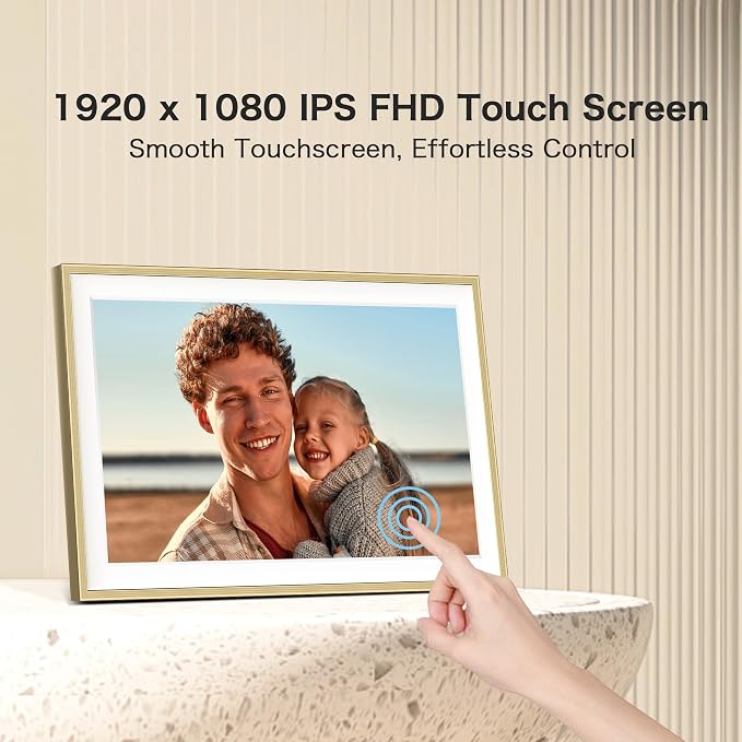 Frameo 15.6 inch Digital Picture Frame, Large Digital Photo Frame WiFi, 32GB Capacity, 1920 * 1080 IPS FHD Touch Screen, Electronic Picture Frame Slideshow, Wall-Mounted, Gifts for Mom, Women, Golden