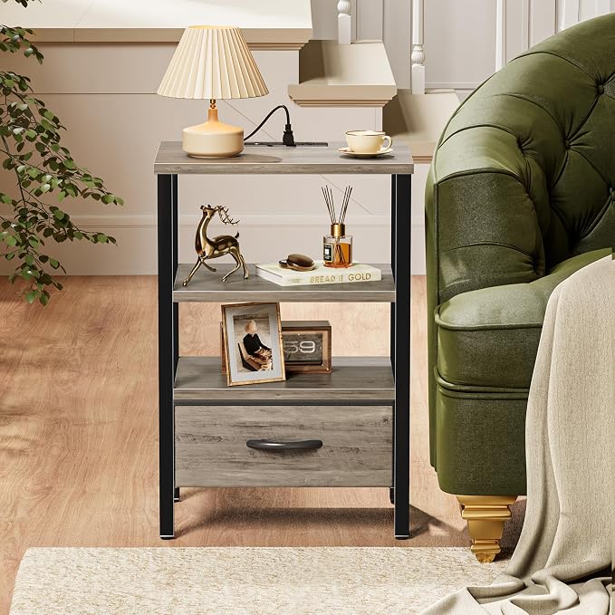 SUPERJARE Nightstand with Charging Station, USB-C Port, Bedside Table | Night Stand for Bedroom, with Adjustable Fabric Drawer, 3-Tier Storage End Table, for Living Room, Oak