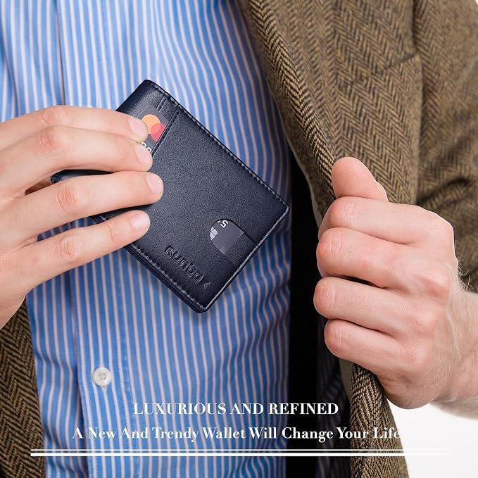 RUNBOX Wallet for Men -Slim Rfid Leather Mens Bifold Novelty Wallets 2 ID Window With Gift Box Men's Accessories | Minimalist Front Pocket Design, Holds 15 Cards, Large Capacity with Cash Pocket,Compact and Thin, Birthday Gifts for Men