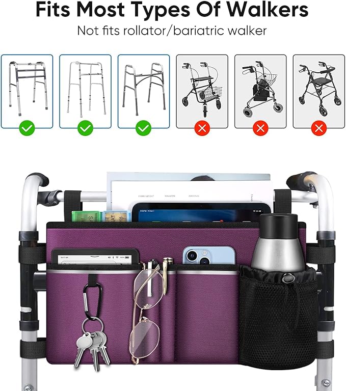 FINPAC Large Walker Tote Bag with Cup Holder, Folding Walker Attachment Hands-Free Storage Basket Mobility Aid Accessory Pouch for Elderly, Senior, Purple