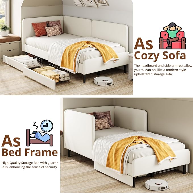 LIKIMIO Twin Daybed with Headboard, 2 Storage Drawers and Guardrails, Cream | No box spring needed. Safety rails & drawers. Ideal for dorms, guest rooms, small spaces. Easy assembly.